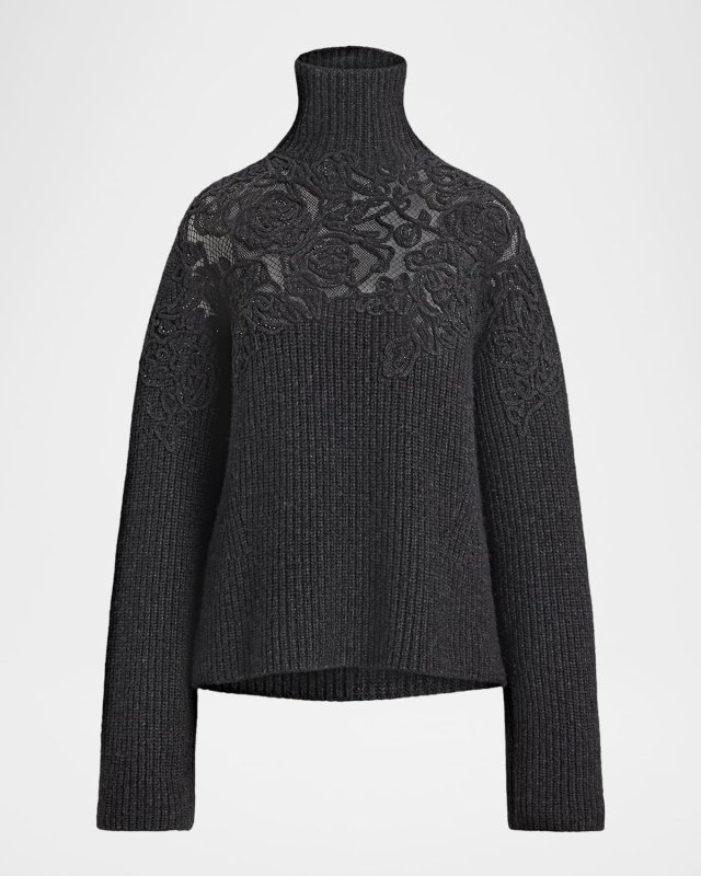 Turtleneck Rose Inset Cashmere Rib Sweater